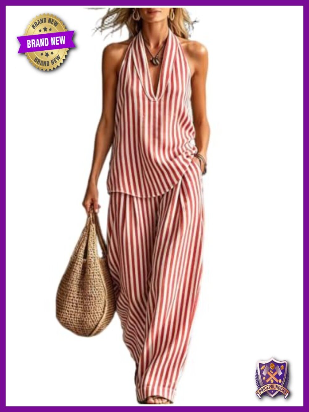 Women's Striped 2 Piece Set Halter V Neck Top Wide Leg Pants with Pockets